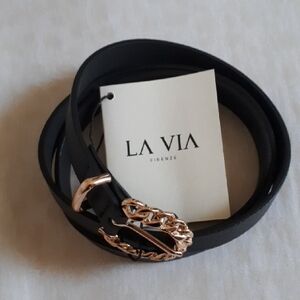 La Via Firenze Black Leather Belt with Gold Buckle